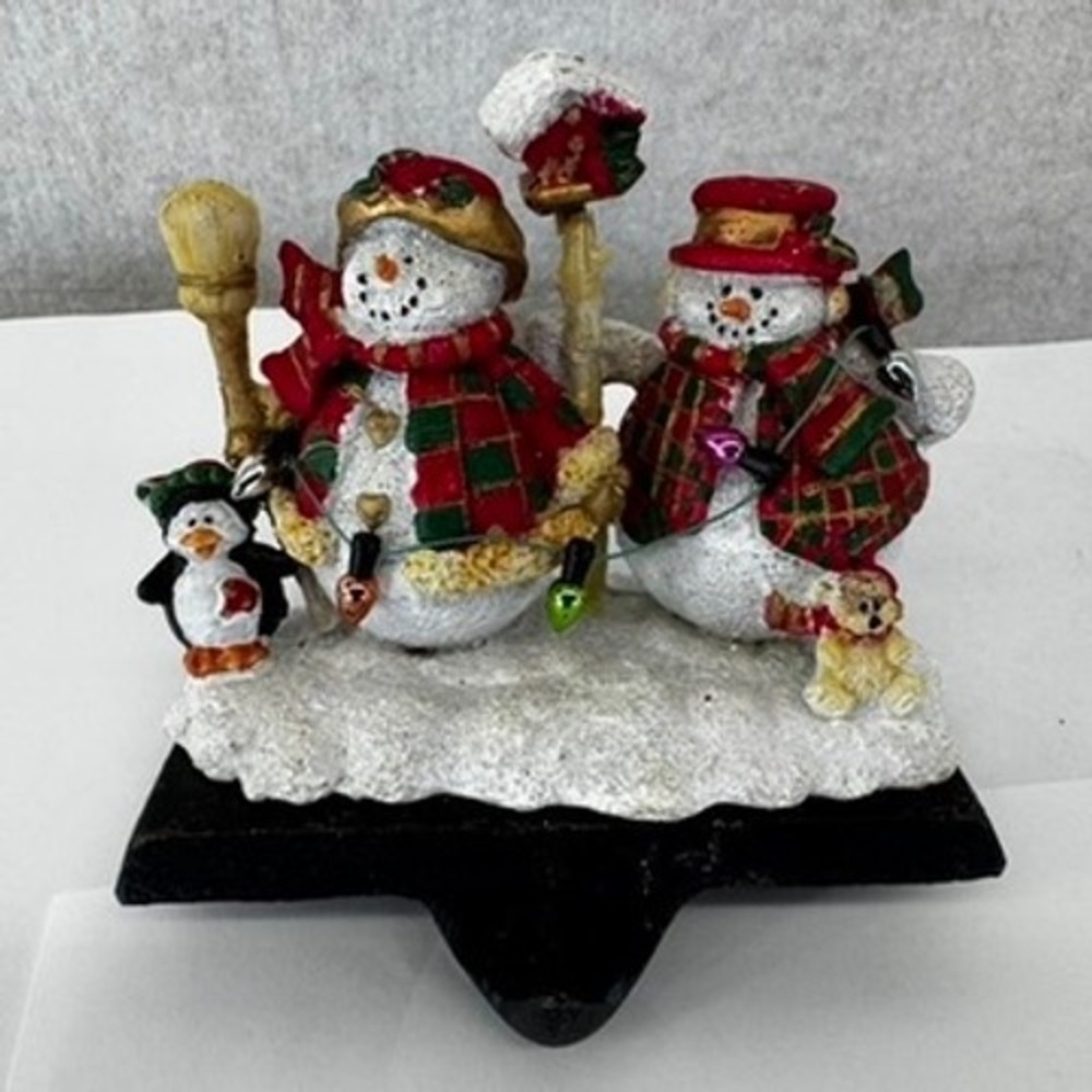 Vtg Christmas Snowman Stocking Holder Red Green Plaid Resin Holiday Mantel Decor